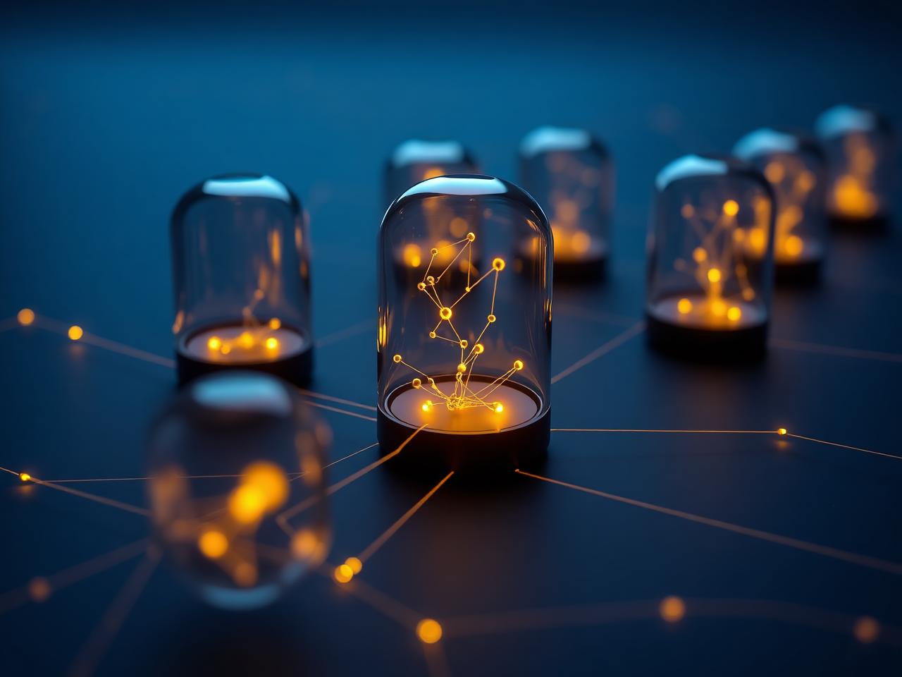 Glowing gold knowledge nodes isolated inside separate glass capsules