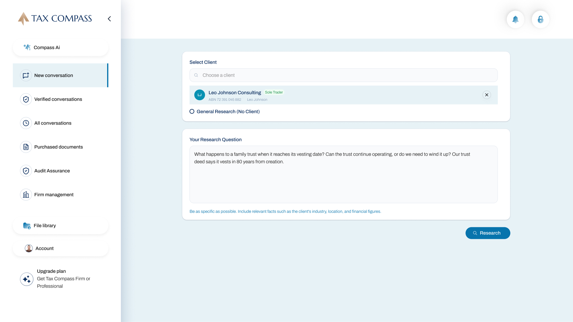 Tax Compass platform — Ask the question